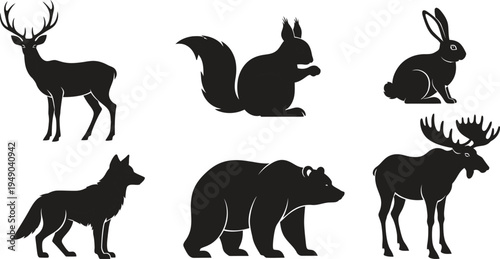 Collection of wild animal silhouettes featuring deer bear moose squirrel rabbit and wolf in a minimalist vector design perfect for nature-themed logos or educational graphics