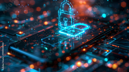 Futuristic cybersecurity concept featuring a digital padlock hologram over a smartphone. AI generated