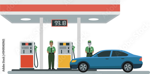 Modern gas station fueling scene with car at petrol pump, fuel price display board, service attendants, and urban transportation energy concept flat vector illustration