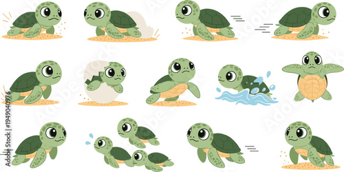 Cute baby sea turtle cartoon characters vector set little turtles crawling swimming hatching kawaii marine animal illustration collection isolated background