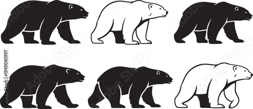 Set of black and white bear silhouettes walking together