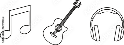 Simple line art music icons featuring a musical note acoustic guitar and headphones ideal for web design app interfaces and audio concepts