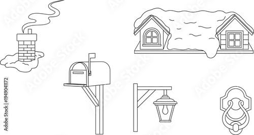 Outline vector set of winter house elements including a snowy roof chimney mailbox lantern and door knocker perfect for holiday and home-themed designs