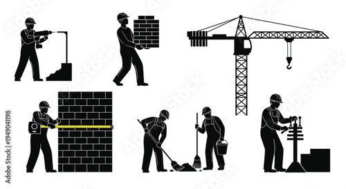 Construction Site Worker Silhouettes Vector Set: Industrial Laborers, Builders, and Engineers Working with Crane, Measuring Tools, Brick Wall Masonry, and Heavy Machinery Equipment for Civil Projects.