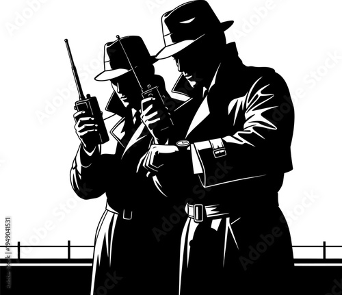 Close up silhouette of two detectives in hats using walkie talkie and checking watch time