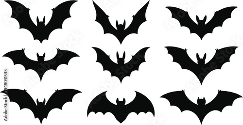Bat silhouettes collection with flying bat wings spread isolated on light background Halloween animal wildlife vector graphic design elements set