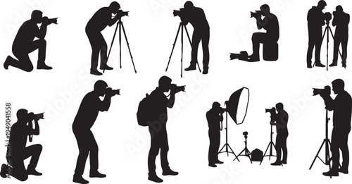 Professional Photographer Silhouettes Set: Male and Female Camera Operators with Tripods, DSLRs, and Studio Lighting Equipment for Photography Industry, Media Production, and Creative Arts Design.