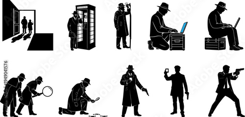 Collection of secret agent and detective silhouettes performing various investigation activities set