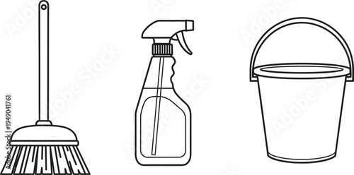 Set of essential cleaning tools featuring a broom spray bottle and bucket in a minimalist line art style ideal for household service apps or hygiene concepts