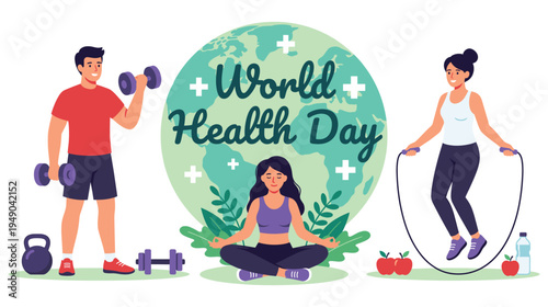 World Health Day people exercising yoga jump rope weights