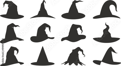 Witch hat silhouettes collection with spooky Halloween magic hats isolated on light background fantasy costume vector graphic design elements set