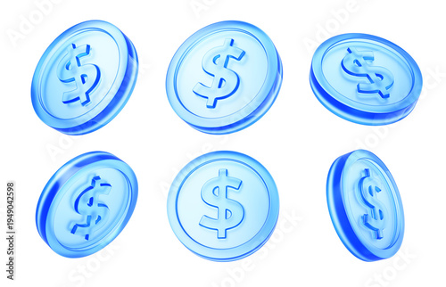 Banking, coin concept. Blue glass token coin isolated on transparent background - 3d rendering
