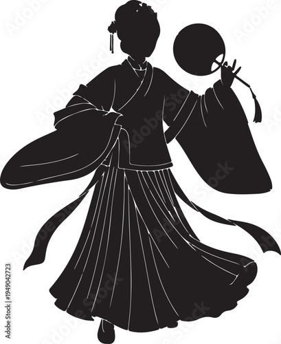 Elegant black silhouette of a person in traditional Asian attire, featuring flowing robes, intricate hairstyle, and a delicate round fan.