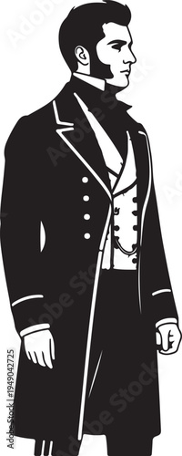 A striking black and white silhouette of a man in elegant 1800s fashion, featuring a long coat and formal attire, depicted in profile.