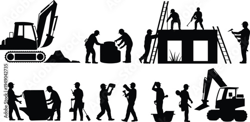 Silhouette set of construction workers with excavator machinery ladders and tools illustrating building construction site activity industrial labor engineering teamwork contractor worksite concept