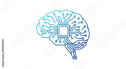 Brain with circuit board and microchip, technology and innovation concept, blue vector icon