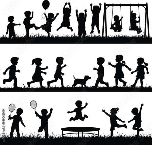 Silhouettes of children playing various outdoor activities on grass