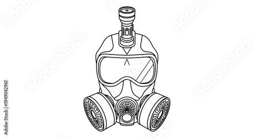 Line Art Illustration of a Gas Mask with Two Cartridges and Head Harness