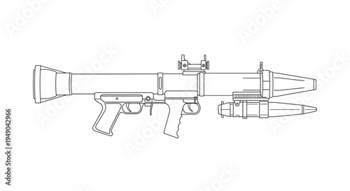 Line Art Illustration of a Rocket Launcher, Military Weapon, Combat Equipment
