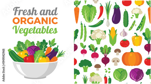 Fresh organic vegetables bowl assortment with flat farm harvest icons