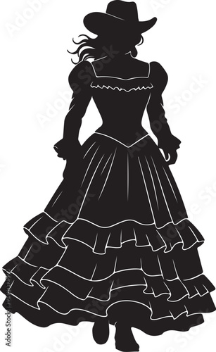 A black silhouette of a woman in an elegant 1800s style ruffled dress and wide-brimmed hat, evoking historical fashion or a Southern belle.