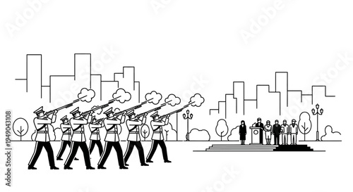 Military Band Plays Trumpets at Outdoor Ceremony with Dignitaries on Stage