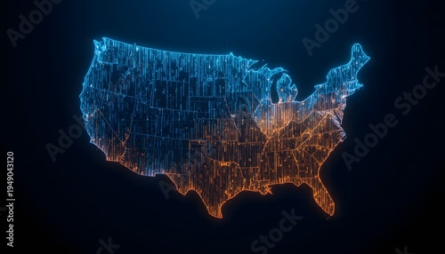 Abstract Big Data Analytics Visualization USA Map Made of Glowing Digital Light Bars on Futuristic Fintech Background
