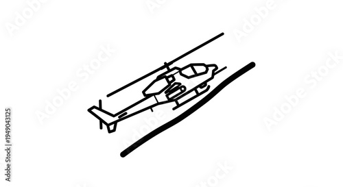 Military Attack Helicopter on Landing Strip - Line Art Illustration