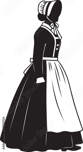 Stylized black silhouette of a woman in 1800s fashion, featuring a bonnet, long dress, and apron, viewed in profile.