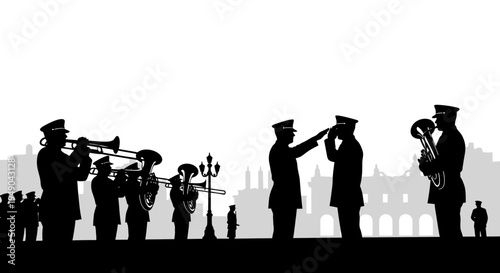 Military Band Parade and Saluting Officers Silhouette