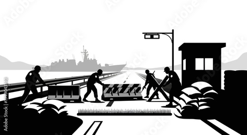 Military checkpoint on road with warship in background, border control, security, defense