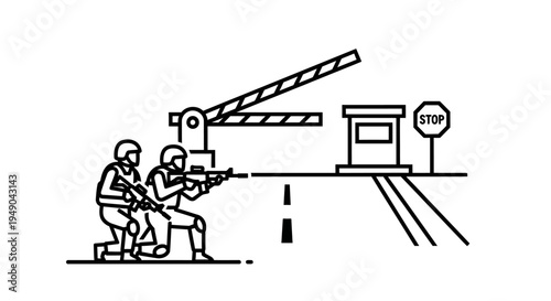 Military checkpoint with soldiers aiming rifles, barrier, stop sign, security concept