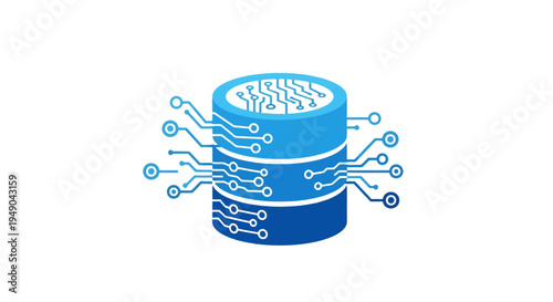 Database server icon with circuit connections for software and technology design, blue vector symbol