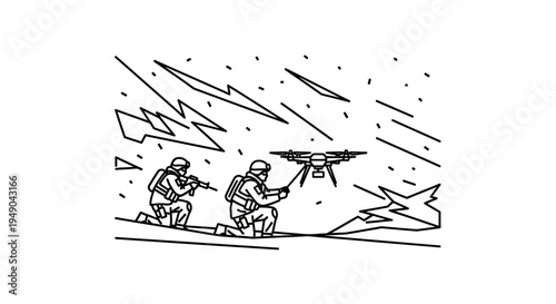 Military Drone Operation: Soldiers Deploying Unmanned Aerial Vehicle in Combat Zone