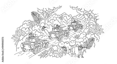 Military convoy driving through a dense jungle road with soldiers on patrol.