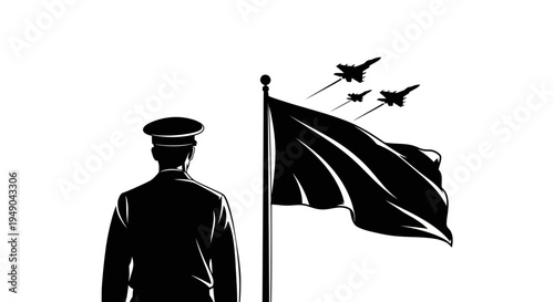 Military Officer Salutes as Fighter Jets Fly Past Waving Flag