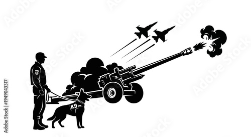 Military Operation: Soldier, K9 Unit, Artillery, Fighter Jets, Combat Scene