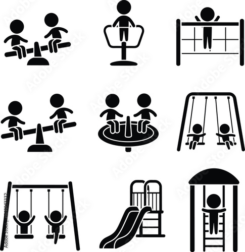 Black and white playground showing children on swings slides saw playground equipment