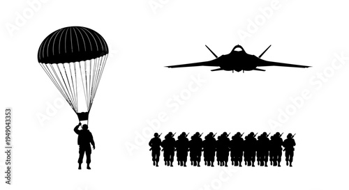Military Paratrooper Landing Near Jet Fighter and Soldiers Silhouette