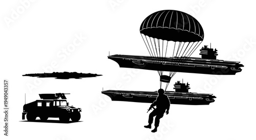 Military Paratrooper Descends onto Aircraft Carrier with Humvee Below