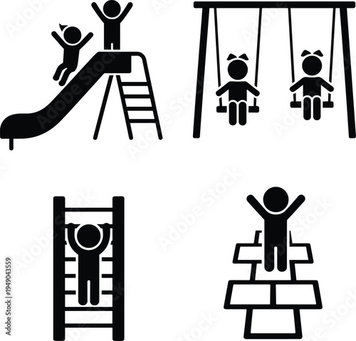 Black silhouette of children playing on slide swings monkey bars and balance beam