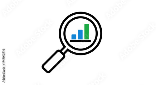 Magnifying glass with bar chart for data analysis and statistics, flat vector icon