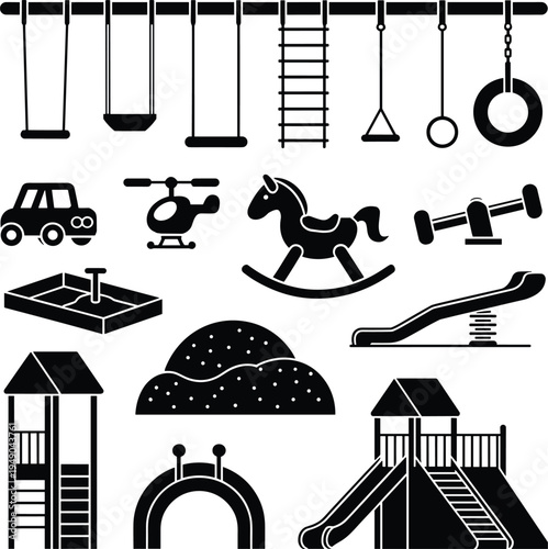 Black and white playground equipment including swings slides rocking horse