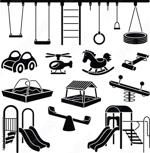 Black silhouettes of playground equipment and toys play toys black and white