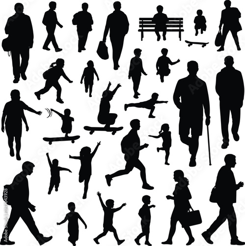 Silhouette collection of people in different activities including walking running skateboarding