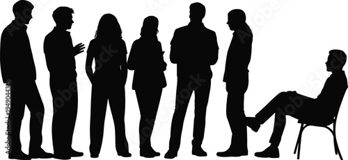 Silhouettes of business people waiting in line and sitting on a chair