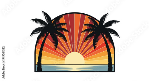 Retro Sunset Palm Trees Coastal Landscape