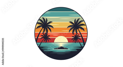 Retro Sunset Palm Trees Tropical Beach Circle Graphic