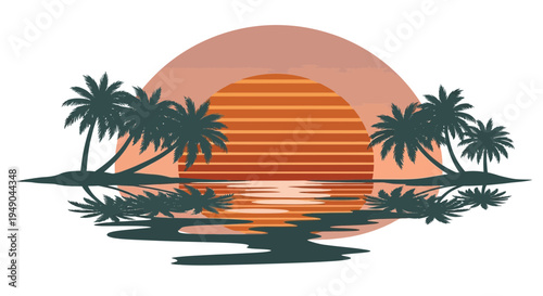 Retro Sunset Palm Trees Reflection Tropical Beach Vibes