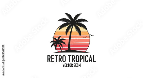 Retro tropical sunset with palm trees and birds